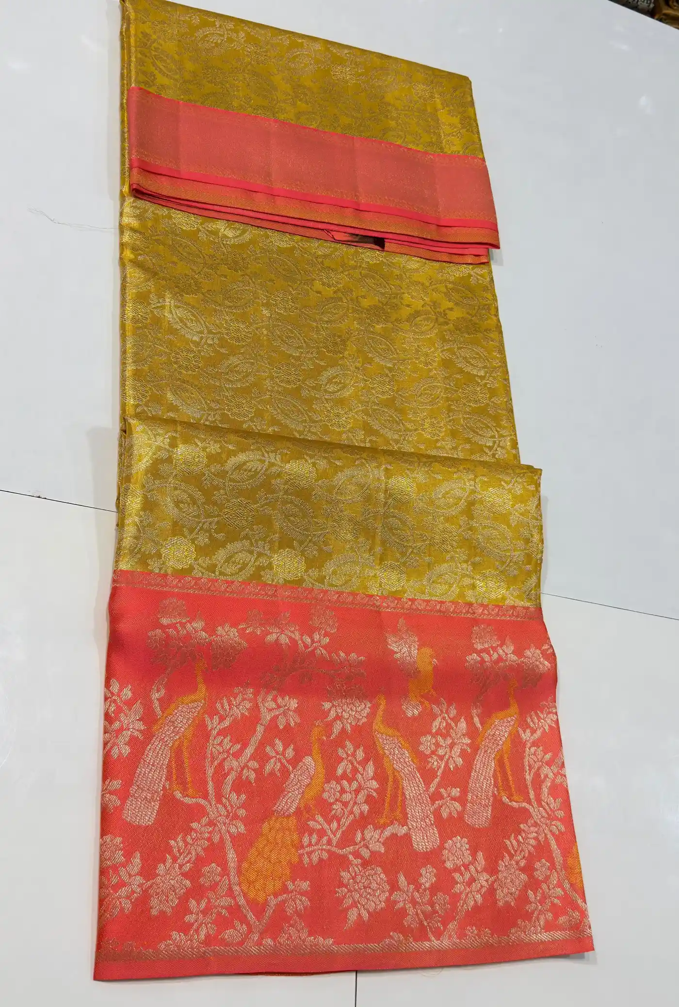 Peacocks Crafted Heavy Bridal Silk Tissue Brocade Saree
